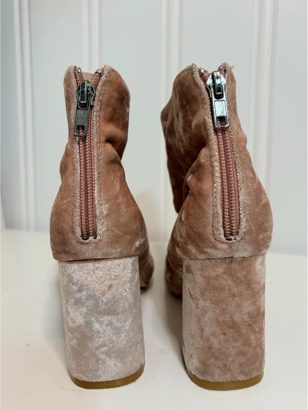 Blush Crushed Velvet Block Heel Boots